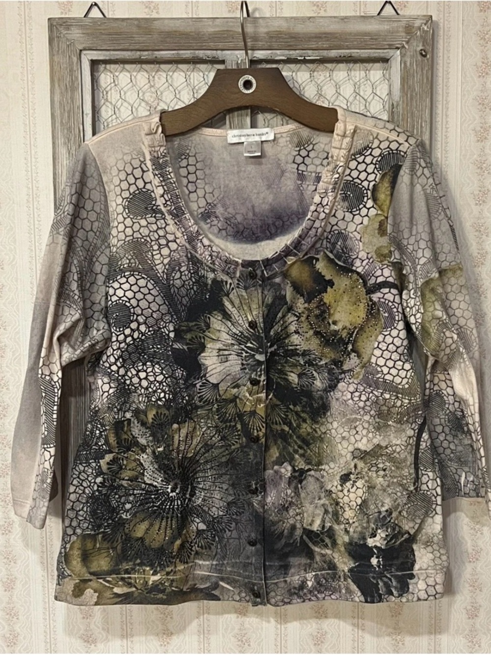 Olive, Gray and Black Floral Scoop Neck Cardigan